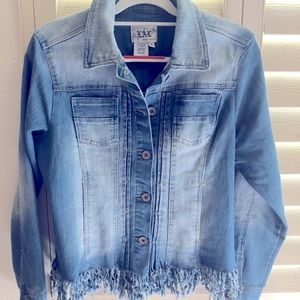 Jean jacket with decorative fringe at the bottom; distressed, lightweight.